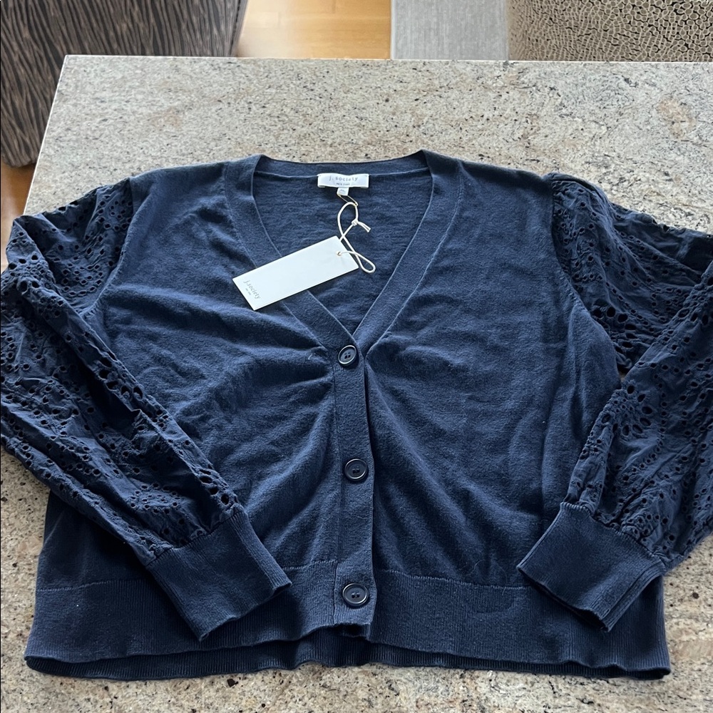 J. SOCIETY WMNS NAVY “ELSIE” eyelet sleeve CARDIGAN SWEATER NWT VNECK BUTTON XL